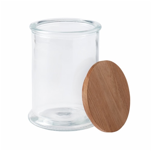 Tabletops Unlimited Large Glass Skinny Apothecary Jar with Acacia Wood Lid Perspective: front