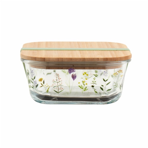 Tabletops Unlimited Smart Planet Bamboo Lid Floral Glass Food Storage Container Perspective: front