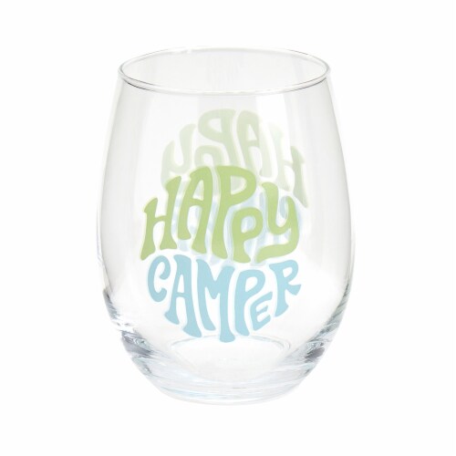 Tabletops Unlimited Gallery Happy Camper Stemless Wine Glass Perspective: front