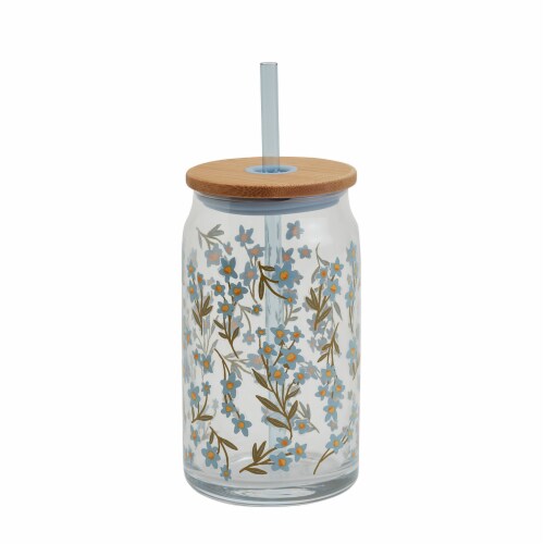 Tabletops Unlimited Smart Planet Lacey Soda Can Glass Tumbler with Bamboo Lid & Straight Straw Perspective: front
