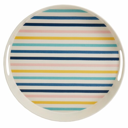Smart Planet Striped Bamboo Fiber Round Serve Tray With Handles Perspective: front