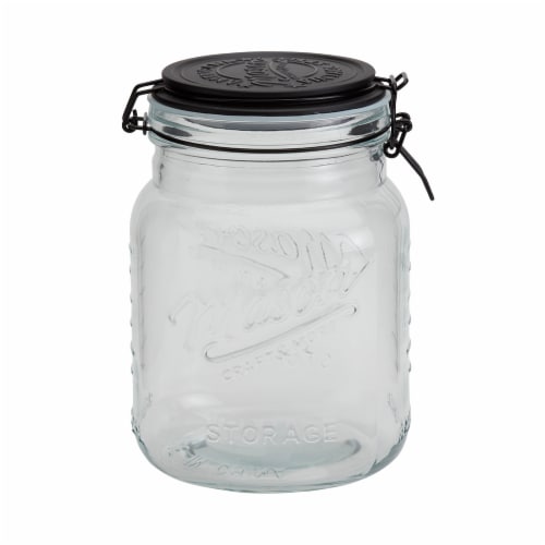 Mason Craft & More Glass Clamp Jar With Black Lid Perspective: front
