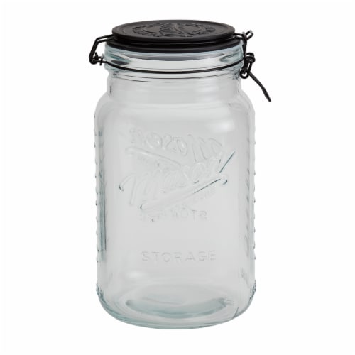 Mason Craft & More Glass Clamp Jar With Black Lid Perspective: front
