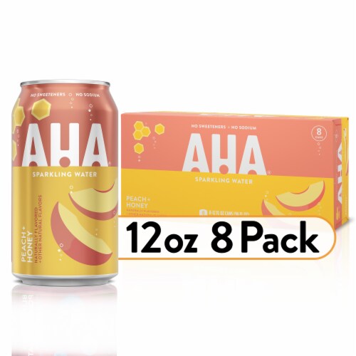 Aha® Peach And Honey Flavored Sparkling Water Cans Perspective: front