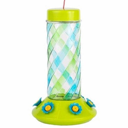 FOF FOFHB0126R2 28 oz Blue & Green Swirl Glass Hummingbird Feeder Perspective: front