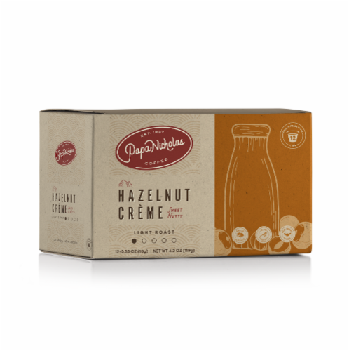 Papa Nicholas Hazelnut Creme Light Roast Single Serve Coffee Cups Perspective: front