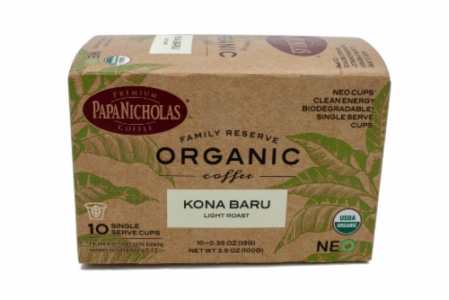 Papa Nicholas Family Reserve Organic Kona Baru Light Roast Single Serve Coffee Cups Perspective: front