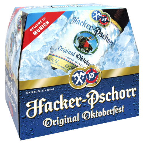 Hacker Pschorr Original Oktoberfest German Beer Perspective: front