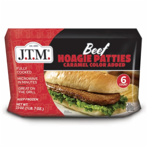 JTM® Fully Cooked Beef Hoagie Patties Perspective: front