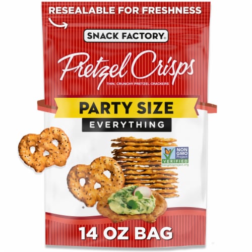 Snack Factory Everything Pretzel Crisps 14 OZ Party Size Bag Perspective: front