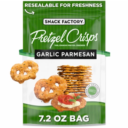 Snack Factory Garlic Parmesan Pretzel Crisps 7.2 OZ Resealable Bag Perspective: front