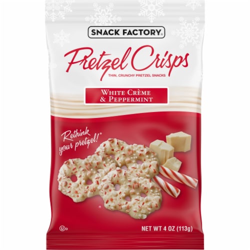 Snack Factory Pretzel Crisps Holiday White Crème And Peppermint Covered Pretzels Perspective: front
