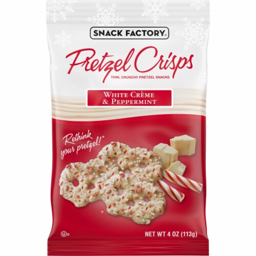 Snack Factory Pretzel Crisps Holiday White Crème And Peppermint Covered Pretzels Perspective: front