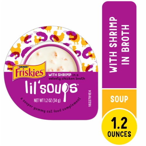 Purina Friskies Lil' Soups Natural Wet Cat Food Lickable Cat Treats With Shrimp in Chicken Broth Perspective: front