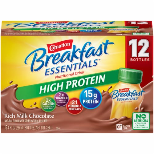 Carnation Breakfast Essentials Chocolate High Protein Complete Nutritional Drink Perspective: front