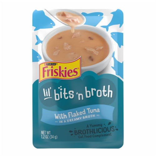 Purina Friskies Lickable Cat Food Toppers Bits ‘n Broth With Flaked Tuna in a Dreamy Broth Perspective: front