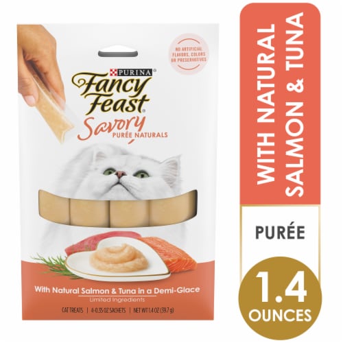 Purina Fancy Feast Savory Puree Naturals Cat Treats with Natural Salmon & Tuna in Demi-Glace Perspective: front