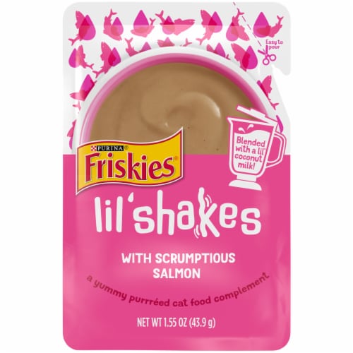 Purina Friskies Lil' Shakes Pureed Cat Food Topper With Scrumptious Salmon Lickable Cat Treats Perspective: front