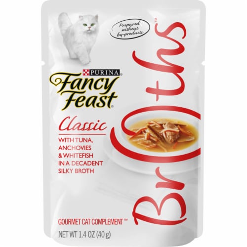 Fancy Feast Broths Classic with Tuna Anchovies & Whitefish Cat Complement Perspective: front