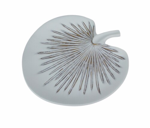 Antiqued White Tropical Fan Palm Leaf Decorative Ceramic Plate Perspective: front