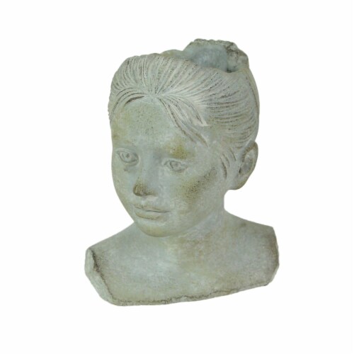 Weathered Cast Cement Young Girl Child Bust Indoor / Outdoor Head Plant Pot Planter Perspective: front