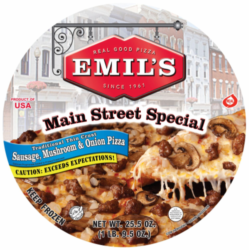 Emil's Main Street Special Sausage Mushroom & Onion Pizza Perspective: front