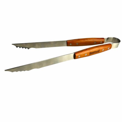 Bayou Classic 500-702 Stainless Steel Grill Tongs with Hardwood Handle Perspective: front