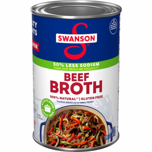 Swanson 100% Natural 50% Less Sodium Beef Broth Perspective: front