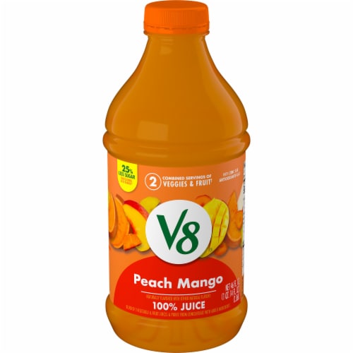 V8® Peach Mango 100% Fruit and Vegetable Juice Bottle Perspective: front
