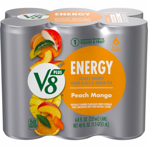 V8 +Energy Peach Mango Juice Blend, 6 cans / 8 fl oz - Pick &#39;n Save