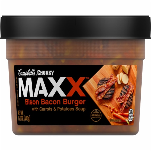 Campbell's Chunky Maxx Bison Bacon Burger with Carrots & Potatoes Soup Perspective: front