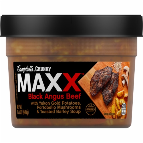 Campbell's Chunky Maxx Black Angus Beef with Potatoes Mushrooms & Toasted Barley Soup Perspective: front