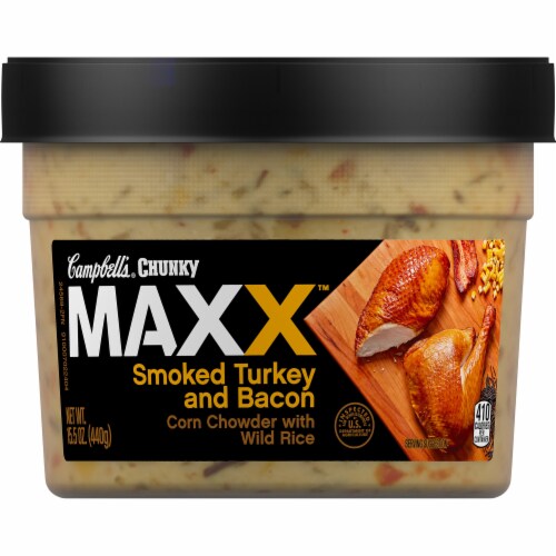Campbell's Chunky Maxx Smoked Turkey and Bacon Corn Chowder with Wild Rice Soup Perspective: front