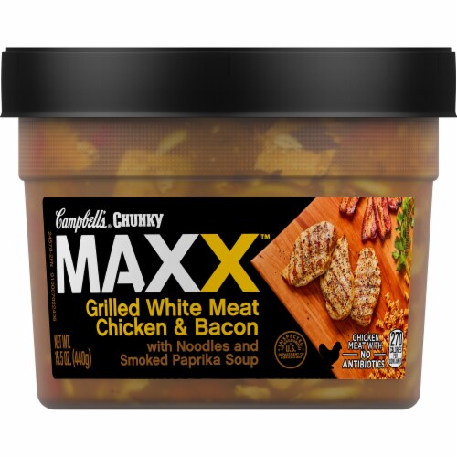 Campbell's Chunky Maxx Grilled White Meat Chicken and Bacon with Noodles and Smoked Paprika Soup Perspective: front