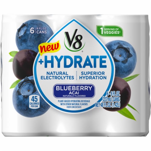 V8 +Hydrate Blueberry Acai Plant Based Hydrating Beverage 6 Cans Perspective: front