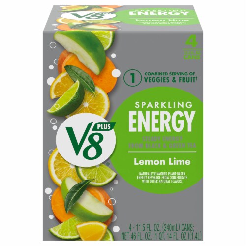 V8® +Energy Sparkling Lemon Lime Juice Energy Drink Cans Perspective: front