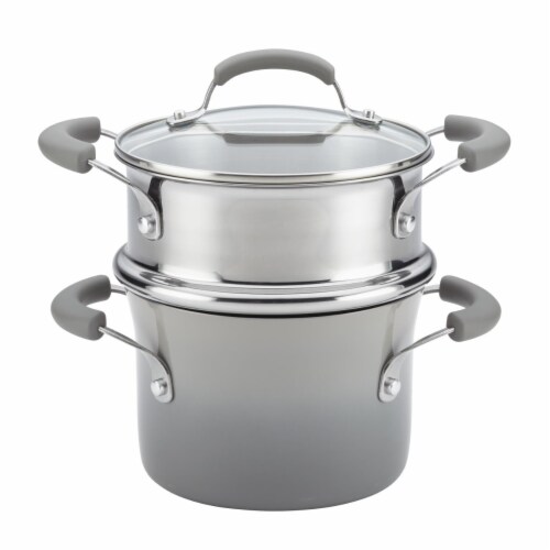 Rachael Ray Classic Brights Nonstick Sauce Pot & Steamer Insert Set, 3 qt. - Sea Salt Gray Perspective: front