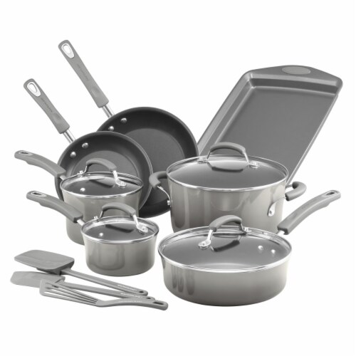 Rachael Ray 14 Pieces Hard-Anodized Nonstick Pots and Pans Set, Cookware Set,  Gray with Orange Handles 