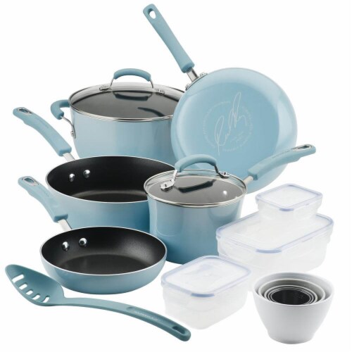 Blue Nonstick Cookware Set with Containers, 19-Piece Blue Nonstick Cookware Set with Containers, 19-Piece