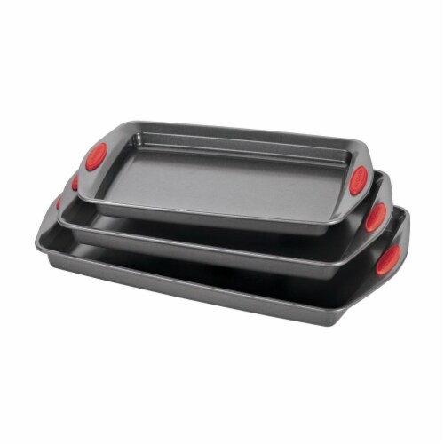 Rachael Ray Nonstick Bakeware Cookie Pan Set - 3 Piece - Gray with Red Silicone Grips Perspective: front
