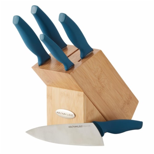 Rachael Ray Cucina 6 Piece Japanese Stainless Steel Knife Block Set, Agave Blue Handles Perspective: front