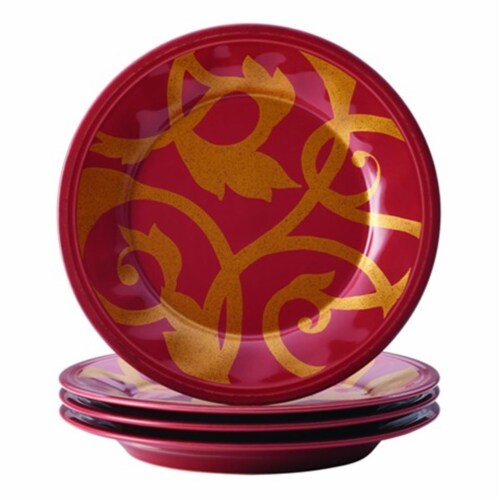 Rachael Ray Dinnerware Gold Scroll 4-Piece Salad Plate Set, Cranberry Red Perspective: front
