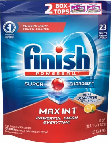 Finish Max in 1 Powerball Ultra-Degreaser With Lemon Dishwasher Detergent Tablets Perspective: front