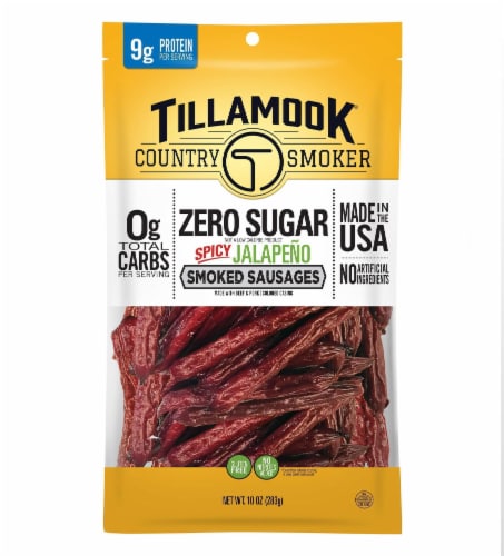 Tillamook Country Smoker 10 Oz Zero Sugar Spicy Jalapeno Smoked Sausages Perspective: front