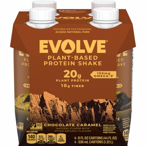 Evolve Chocolate Caramel Plant Based Protein Shake Perspective: front
