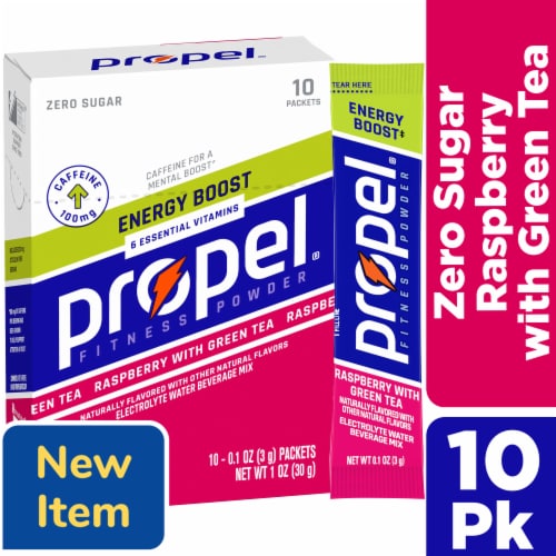 Propel Energy Boost Zero Sugar Electrolyte Water Beverage Mix Raspberry with Green Tea Perspective: front
