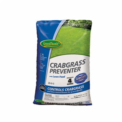 Knox Fertilizer 225486 15000 sq ft. Green Thumb Coverage, 26-0-3 Crabgrass Preventer Plus Law Perspective: front