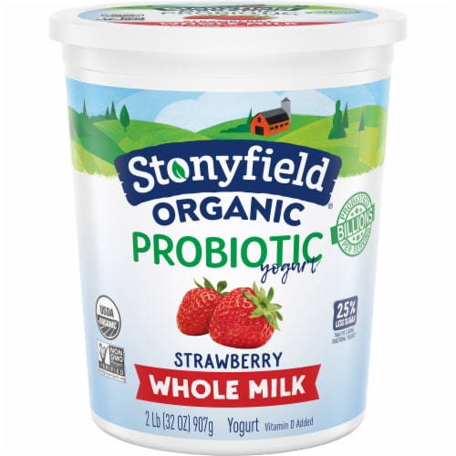 Stonyfield Organic Strawberry Whole Milk Probiotic Yogurt, 32 oz Container Perspective: front