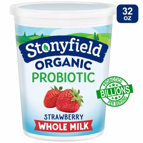 Stonyfield Organic Whole Milk Probiotic Yogurt, Strawberry, 32 oz. Perspective: front