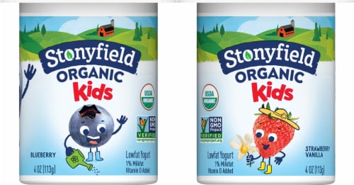 Stonyfield Organic® Kids Strawberry Vanilla & Blueberry Lowfat Yogurt Cups Perspective: front